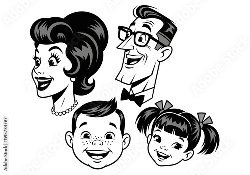 A vintage illustration depicts a smiling 1950s family mother father son and daughter high quality professional