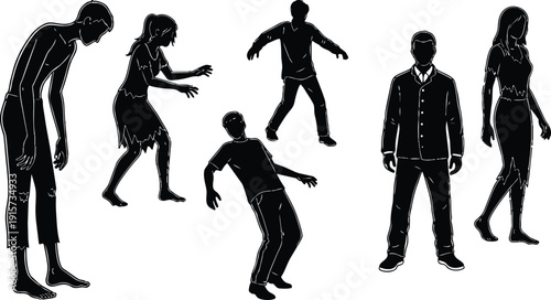 Vector silhouette zombie group in varied poses reaching shuffling standing and walking isolated white background high contrast halloween horror night