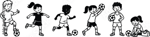 Line art vector children playing soccer running kicking passing holding ball close up row of happy kids wearing sports kit