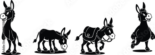 Cartoon vector set of four playful donkey poses including standing smiling grazing saddled trotting in side and three quarter views