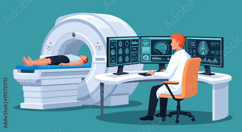 A doctor operates monitors displaying brain scans while a patient undergoes MRI in a radiology room.