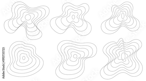 Abstract topography circles. Organic texture shapes. Vector outline illustrations set, line art, simple black line