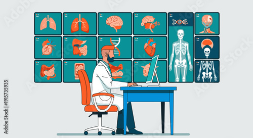 A doctor at a desk examines a computer screen surrounded by multiple displays showing human anatomy and scans.