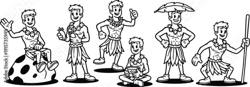 Line art vector hula boys set showing six playful poses with leis grass skirts smiling looking forward black and white