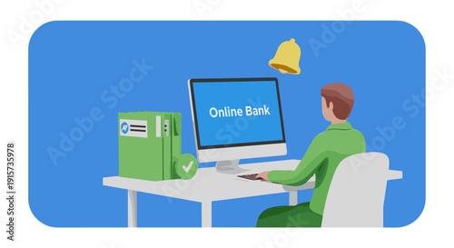 A person at a desk uses a computer displaying Online Bank with file folders and a notification bell.