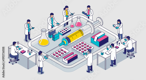 Several scientists in lab coats working around a large tray filled with medical supplies like a syringe, pills, and flasks.