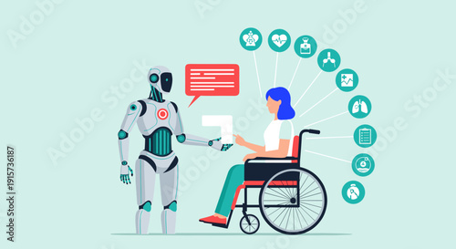 An AI robot is communicating with and assisting a woman in a wheelchair, surrounded by various medical icons.