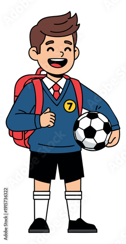 Cartoon illustration of a school boy depicting a happy expression and holding a soccer ball for education and sports
