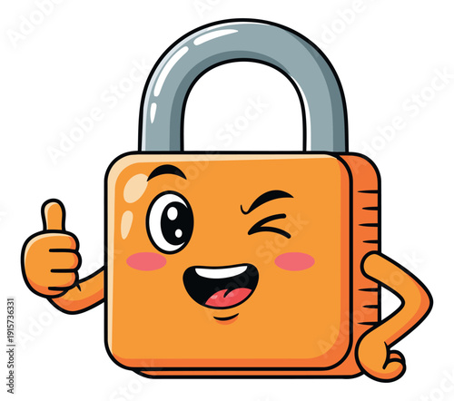 Cartoon illustration of a padlock character depicting a thumbs up and winking for security and approval concepts