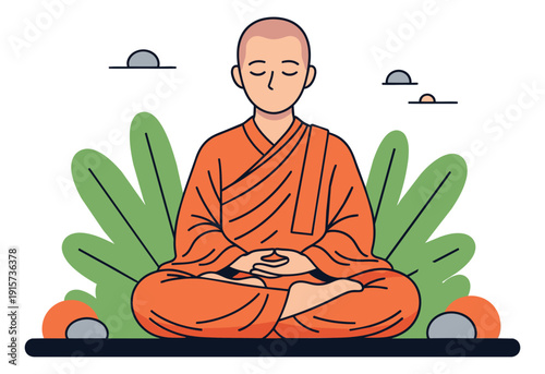 Line art illustration of a Buddhist monk depicting peaceful meditation for spiritual practice