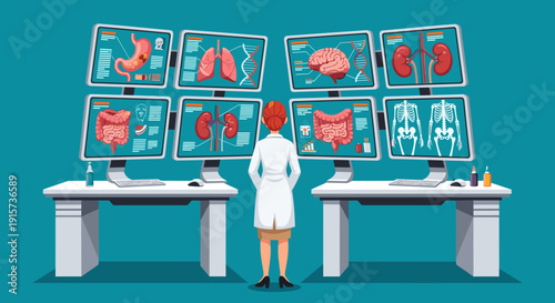 A doctor observes multiple screens displaying human organ models, DNA structures, and X-ray images in a clinic.