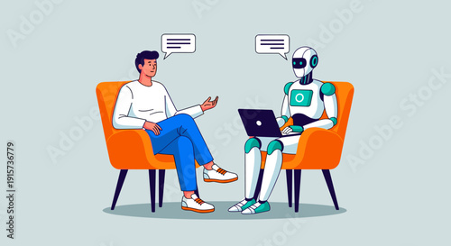 A man and a robot sit in orange armchairs, conversing with speech bubbles above their heads, the robot holding a laptop.