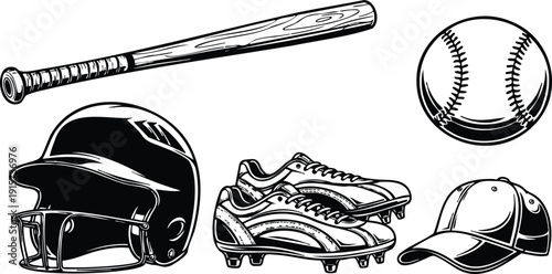 Line art baseball equipment set showing wooden bat and baseball helmet cleats cap front view closeup low angle