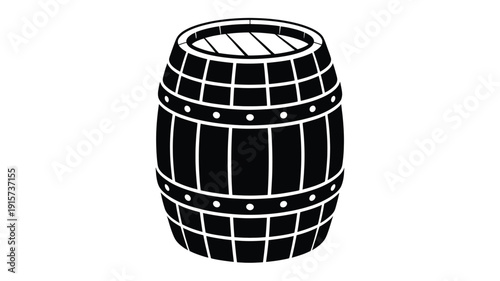 Vintage wooden barrel with metal hoops and rivets on white background