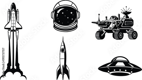 Retro space vector icon set featuring vintage rocket launch helmet lunar rover flying saucer and mid century sci fi line art