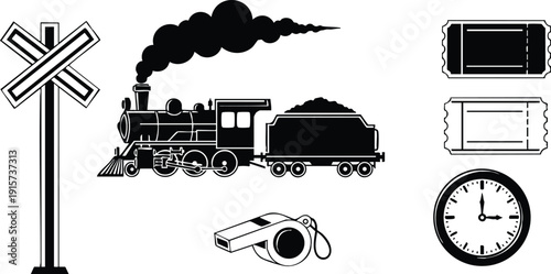 Flat design vintage steam train side view with railroad crossing sign whistle and tickets clock silhouette vector for transport icon