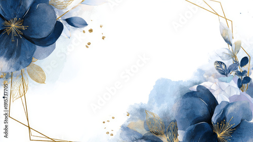 Blue and navy indigo floral and gold watercolor wedding invitation vector set. Luxury background and template layout design for invite card, luxury invitation card and cover template.