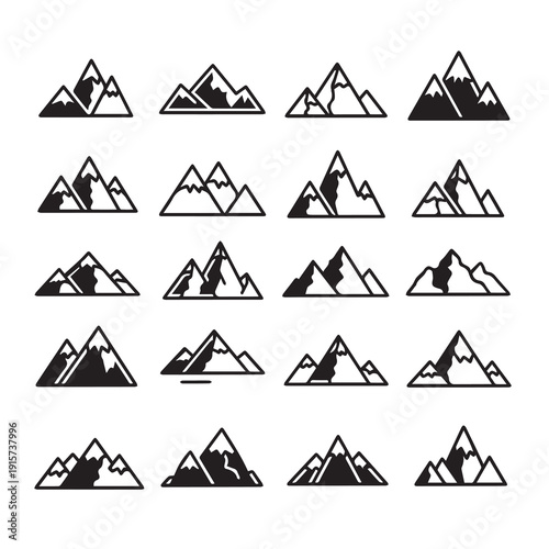 Collection of Mountain Icons with Snow Peaks Vector Graphics Flat Design Style