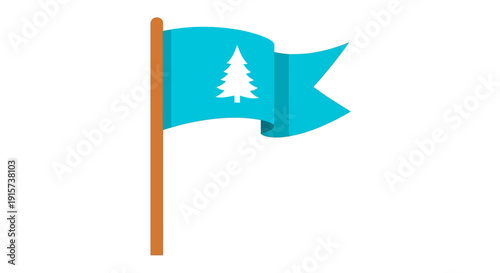 A teal flag with a white tree emblem waving on a wooden pole, outdoors, from a straight-on view.