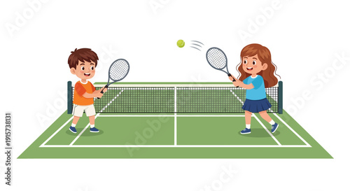 Two cartoon tennis players in action on a green court with rackets and a flying ball