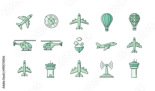 Green and White Flat Design Icons for Aviation and Transportation airplane helicopter