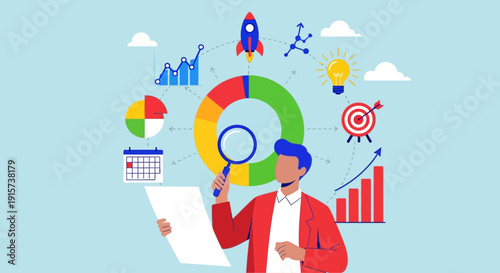 Business professional analyzing data with charts and graphs in a modern office environment