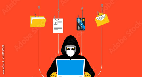 Hacker accessing multiple files on laptop from different devices in a digital environment