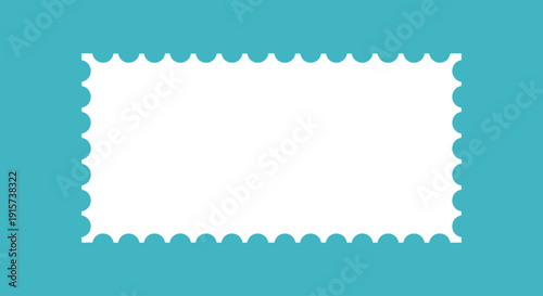 A white postage stamp with a wavy edge on a blue background is viewed from the front, showcasing its rectangular shape and simple design.