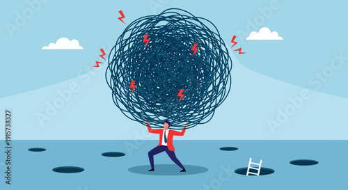 A man struggles to hold a massive tangled web of problems above his head, standing in a body of water with sinkholes