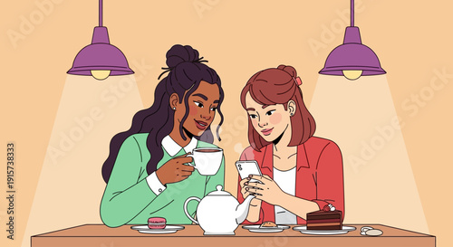 Two women enjoying a cup of coffee together at a table under soft lighting