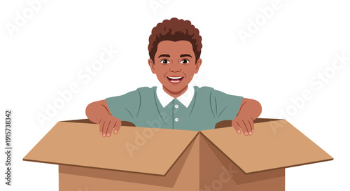 A smiling young man emerges from a large cardboard box with enthusiasm and excitement in an indoor setting from a front viewpoint