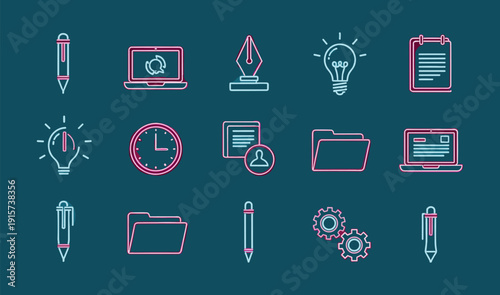 Neon Outline Icons for Business and Creativity on a Teal Background idea innovation
