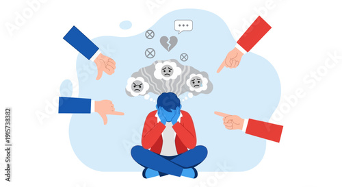 Person surrounded by multiple hands pointing and social media icons floating above, depicting social pressure and online influence in a cartoon style