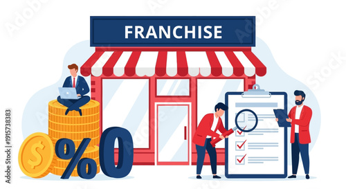 Business people discussing franchise opportunities outside a storefront with a sign indicating zero percent, surrounded by financial documents and coins