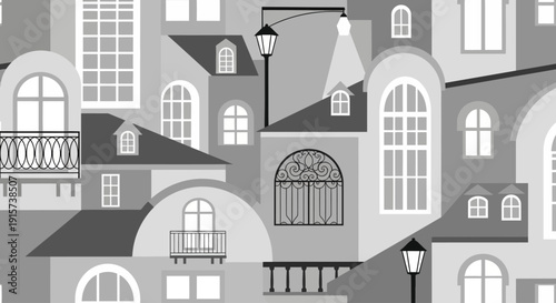 A detailed illustration of a European cityscape with various architectural styles, showcasing multiple buildings and street lamps, viewed from a slightly elevated perspective.