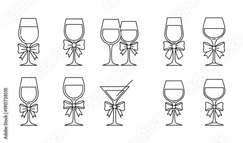 Set of Outline Icons of Wine Glasses and a Martini Glass Decorated with Bows ribbon