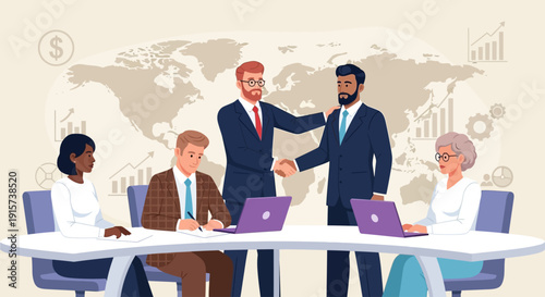 Business professionals collaborating around a table with laptops in a modern office setting with a global map in the background