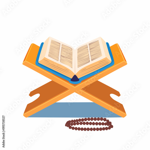 An old notebook sits on a wood office desk next to a modern laptop and a paper box, featuring a detailed illustration of a book with a bookmark among school technology and a stapler