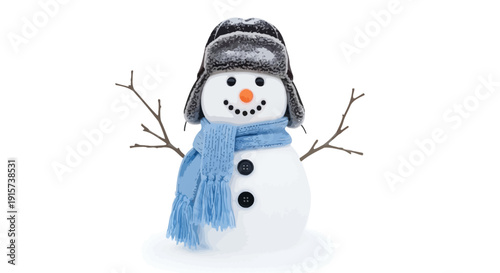 A cheerful snowman wearing a hat and scarf stands smiling with branch arms against a plain background