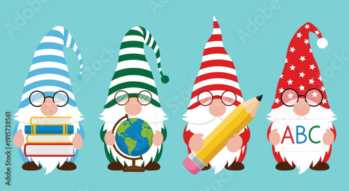 Gnomes with distinct hats and beards holding books, globe, pencil, and letters, in a festive scene on turquoise background from a straightforward viewpoint