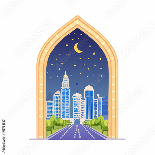 Modern urban cityscape featuring a vector illustration of a new office building and skyscraper architecture within a green downtown business skyline