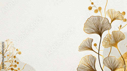 Luxury wedding invitation card background  with golden line art flower and botanical leaves, Organic shapes, Watercolor. Abstract art background vector design for wedding and vip cover template.