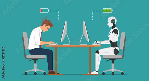 Man and robot working together on computers at a desk in a modern office setting from a straight-on viewpoint