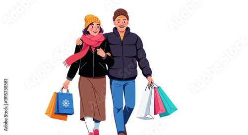 Couple walking together with shopping bags in hand on a casual outing in a relaxed environment from a front viewpoint