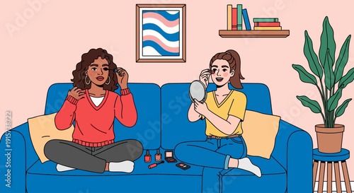 Two women sitting on a blue couch, laughing and having a conversation at home in a cozy living room, enjoying each other's company