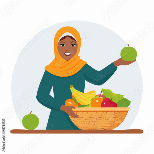Joyful Young Muslim Woman in Hijab Holding a Fresh Green Apple and a Basket Full of Healthy Fruits, Promoting Wholesome Eating and Nutrition