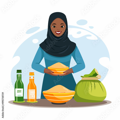A smiling Muslim woman in a hijab holds a bowl of grains, with bottles and a sack of food on a table in front of her