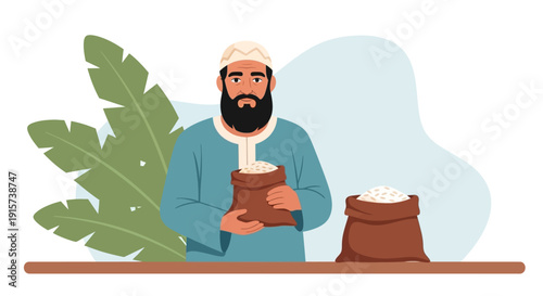 A bearded man in traditional clothing holding a container of rice beside a sack, capturing a serene moment of everyday life.