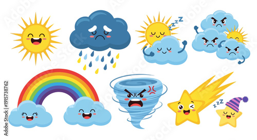 Collection of cartoon weather elements including sun, clouds, rainbow, and tornado, set against a clean background from a straightforward viewpoint