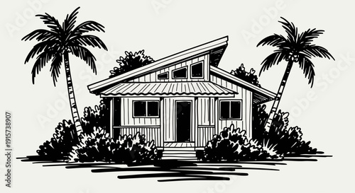 A serene tropical house surrounded by palm trees and lush greenery, viewed from the front with a clear focus on its architectural design